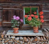 Window and Flower Pots, Glentleiten Open Air Museum, Großweil, Germany